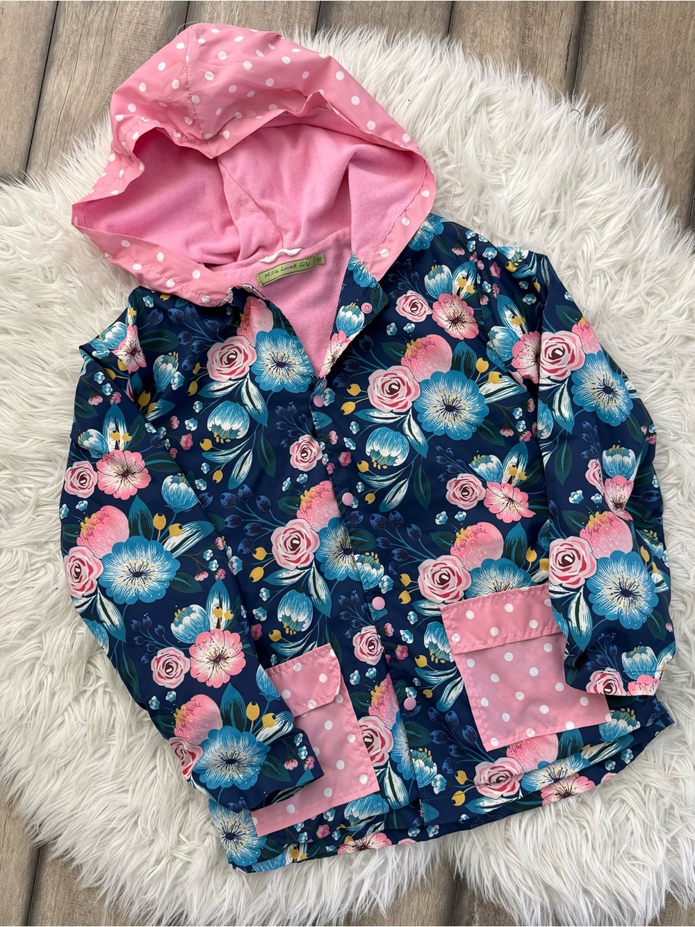 Millie Loves Lily Floral Rain Jacket with Pink Hood Size 10
